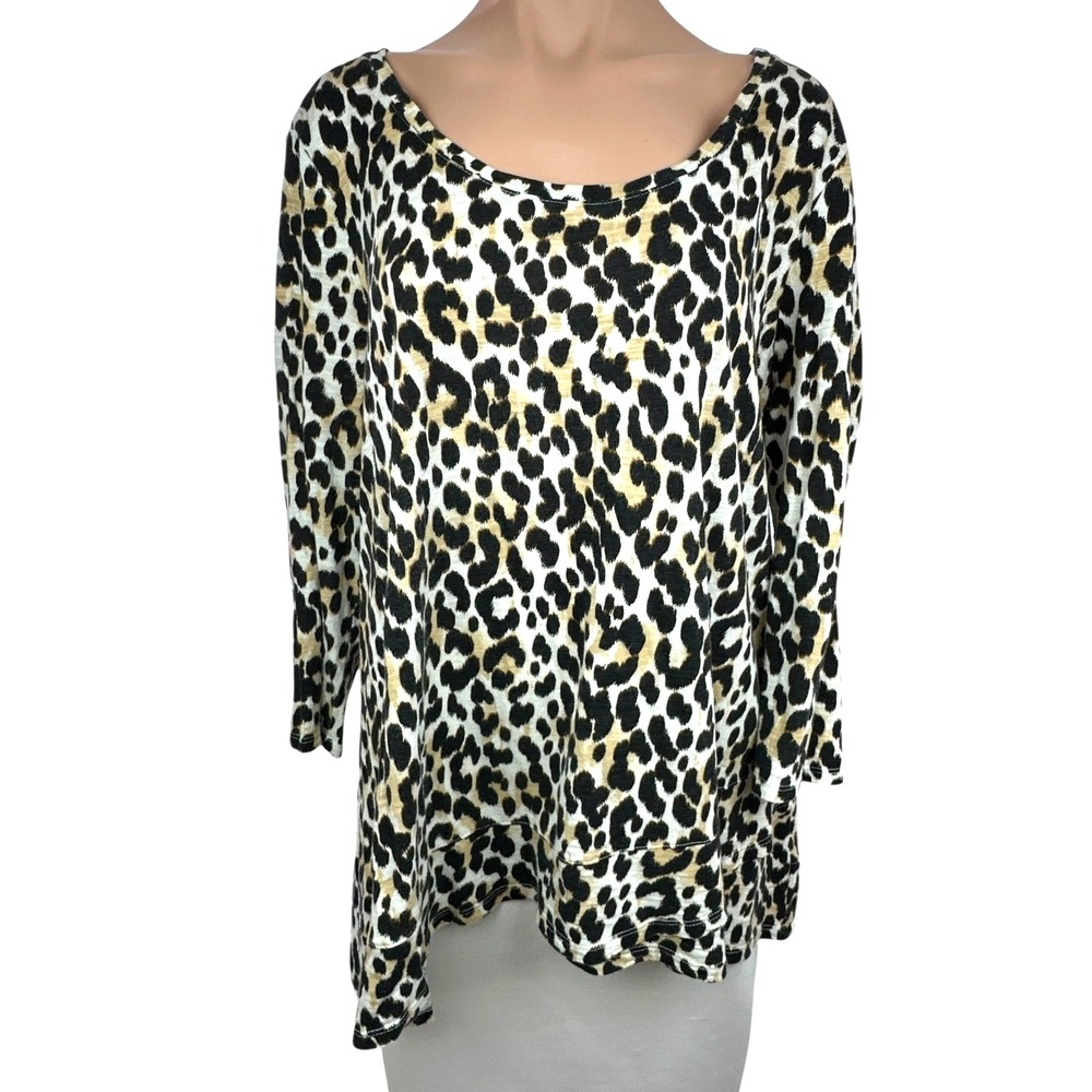 Chico's Sz 3 or XL Top Animal Print Brown White 3/4 Sleeve Scoop Neck